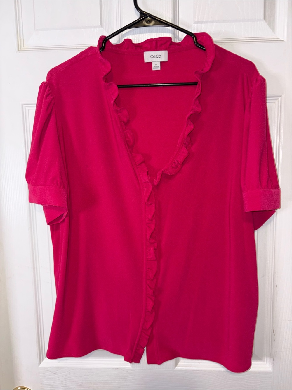 CeCe Hot Pink Ruffle-Trim V-Neck Blouse